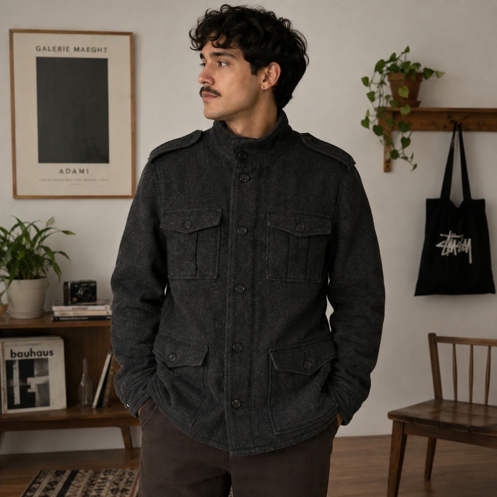 Vintage Old Navy Jacket Mens M Charcoal Gray Wool Field Military Utility Coat